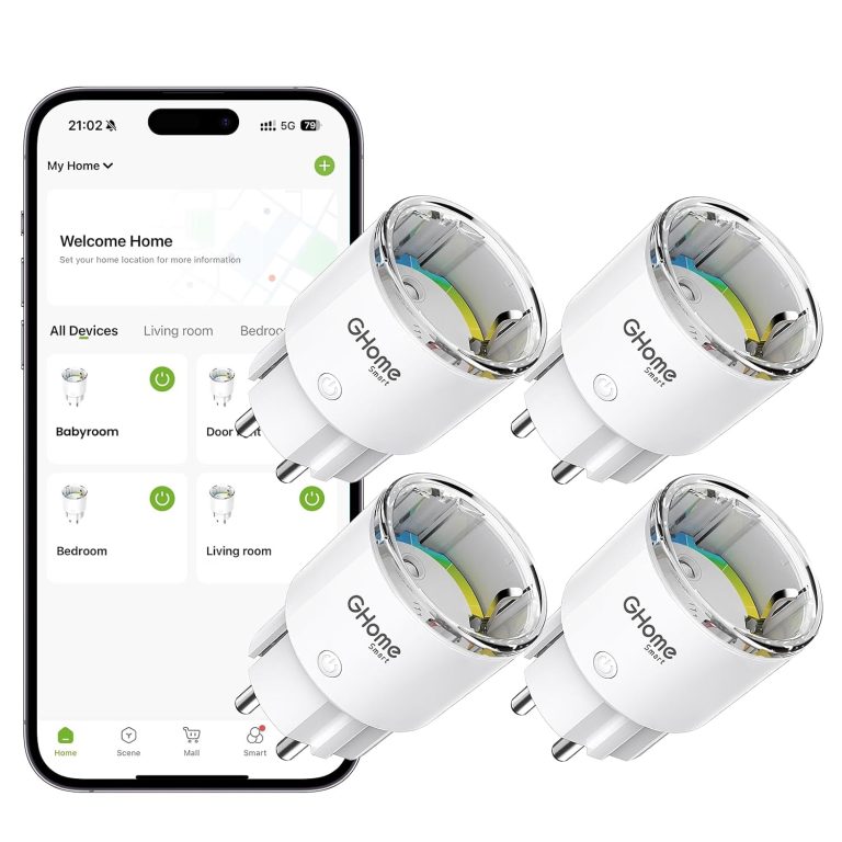 GHome Smart Mini Prise WiFi Avec Mesure De Consommation, Contrôle App, 10A, Compatible Avec Alexa Et Google Home, Design Red Dot Certifié TÜV, Programmation Et Minuterie, WiFi 2,4 GHz, Lot De 4