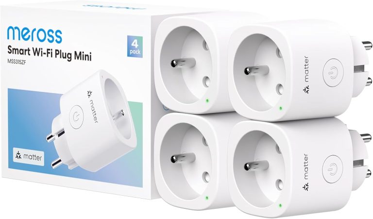 Meross Prise Connectée Matter (Type E), 16A Prise WiFi Compatible avec Apple HomeKit, Alexa, Google Home et Home Assistant, Mesure d'Énergie pour Panneau Solaire Photovoltaïque, 4 Pièces