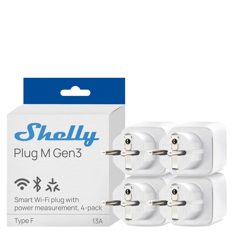 Shelly Plug M Gen3 Blanc, Prise Connectée Matter et Wi-Fi 13A (3000W), Mesure de Consommation, lot de 4